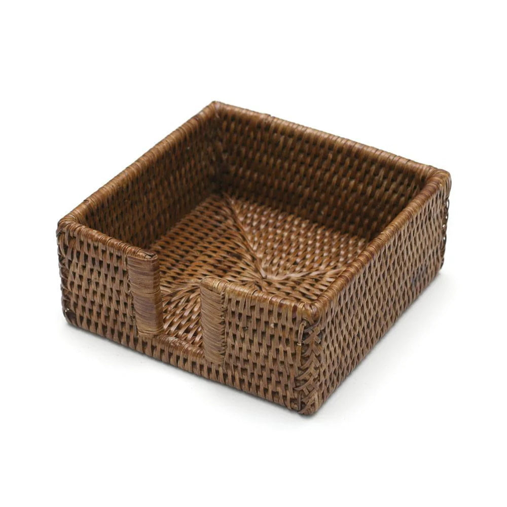 Woven brown napkin holder on a white background