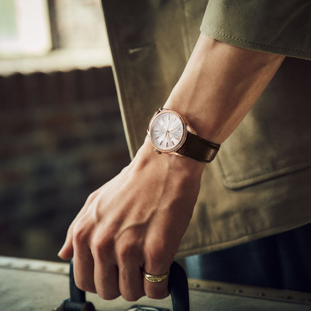 Hand wearing a watch with a blurred background