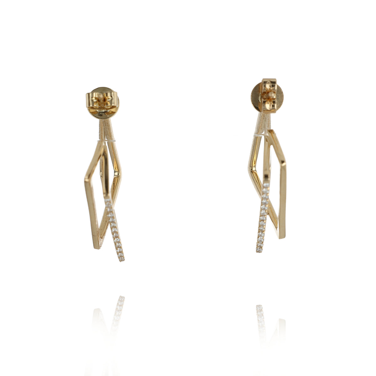 A pair of gold hoop earrings with a twisted, geometric design set with small clear stones, shown against a plain white background with a soft reflection below.