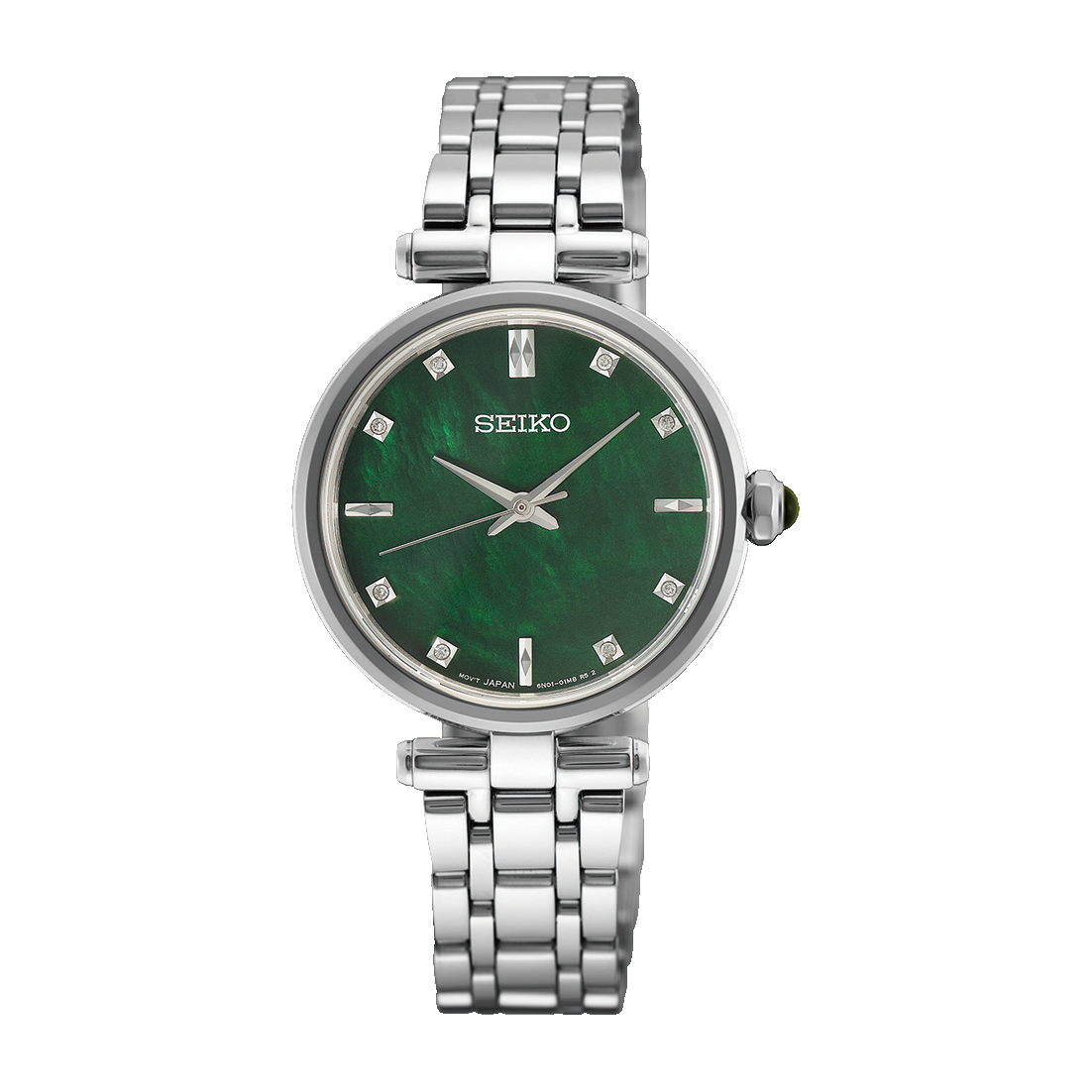 A Seiko women's watch featuring a round silver stainless steel case and a green mother-of-pearl dial with diamond hour markers and a matching silver link bracelet.