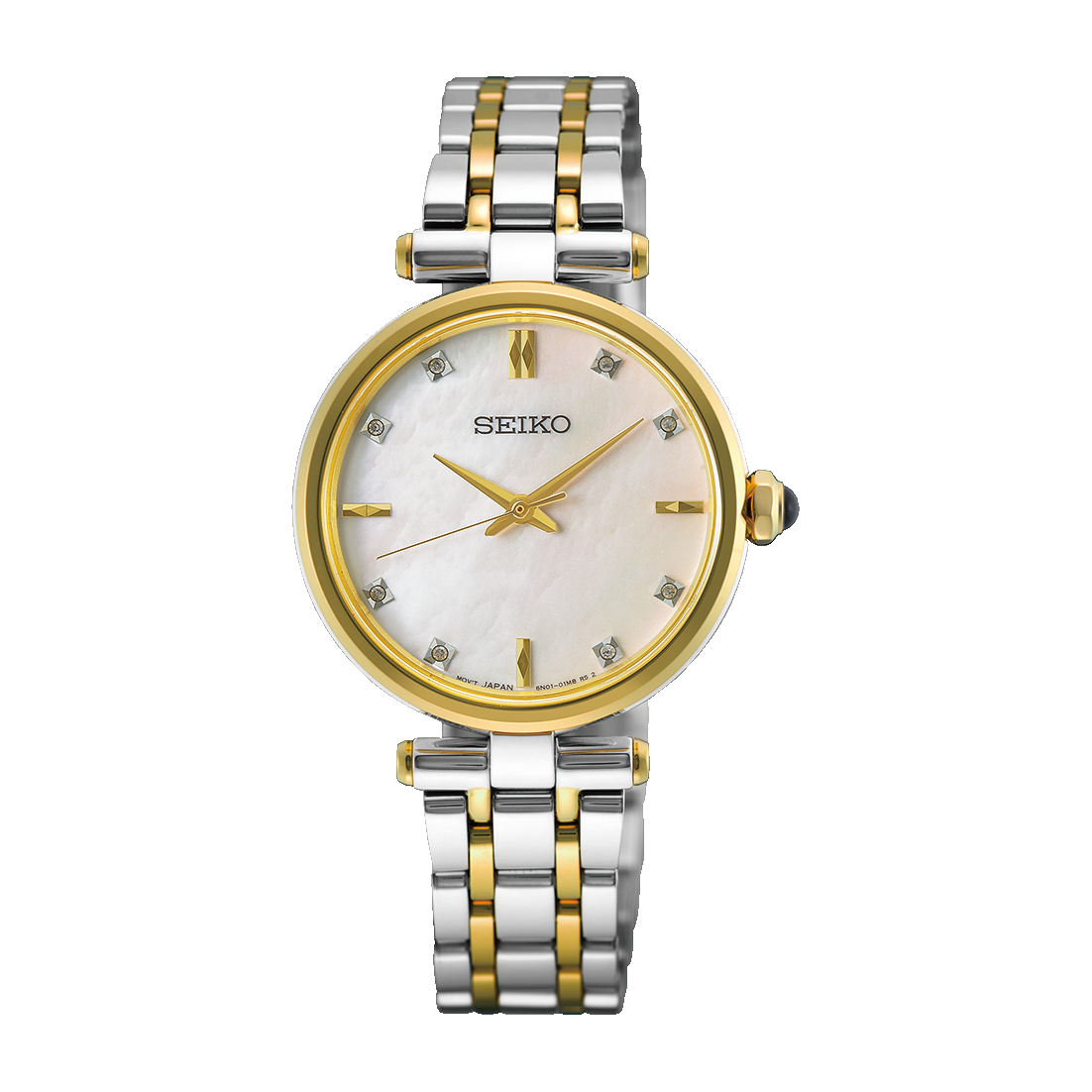 A Seiko women's two-tone stainless steel and gold watch with a round white mother-of-pearl dial, gold-tone bezel and hands, and a matching two-tone link bracelet.