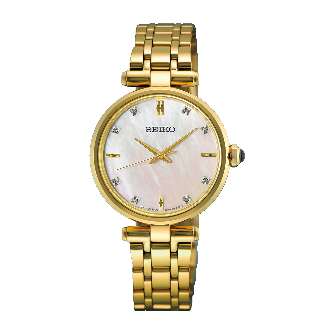 gold watch with white dial with diamonds on a black and white check background