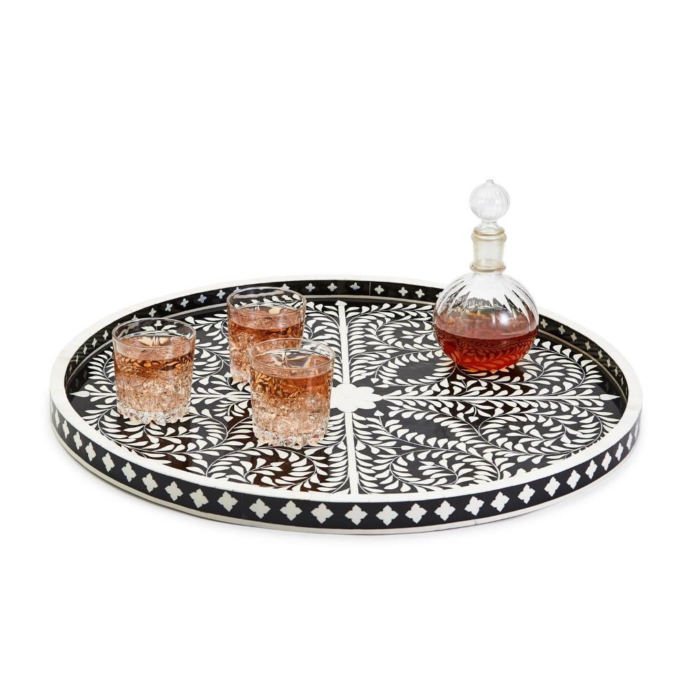 Two's Company Jaipur Palace Black and White Decorative Round Serving Tray