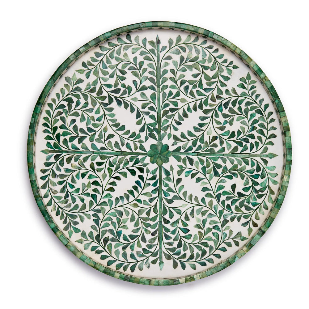 Two's Company Jaipur Palace Green/White Inlaid Decorative Round Serving Tray