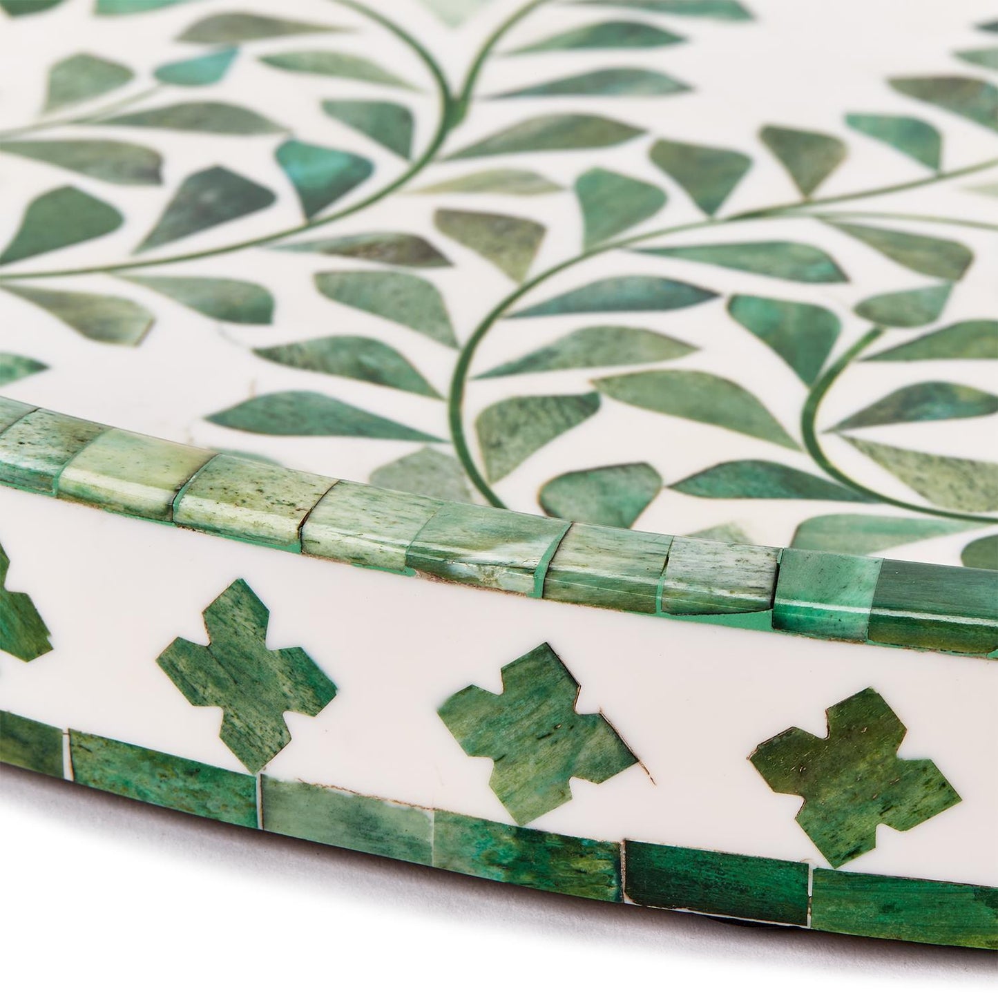 Two's Company Jaipur Palace Green/White Inlaid Decorative Round Serving Tray