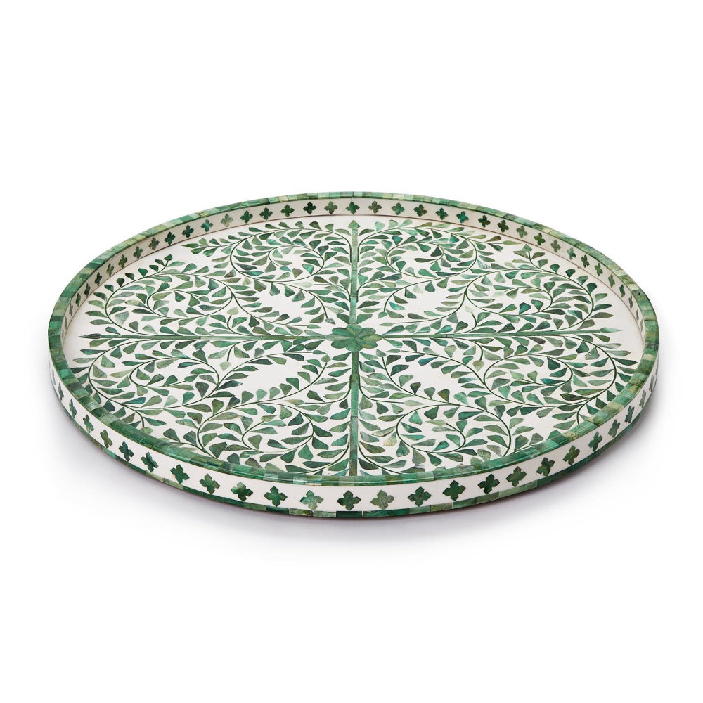 Two's Company Jaipur Palace Green/White Inlaid Decorative Round Serving Tray