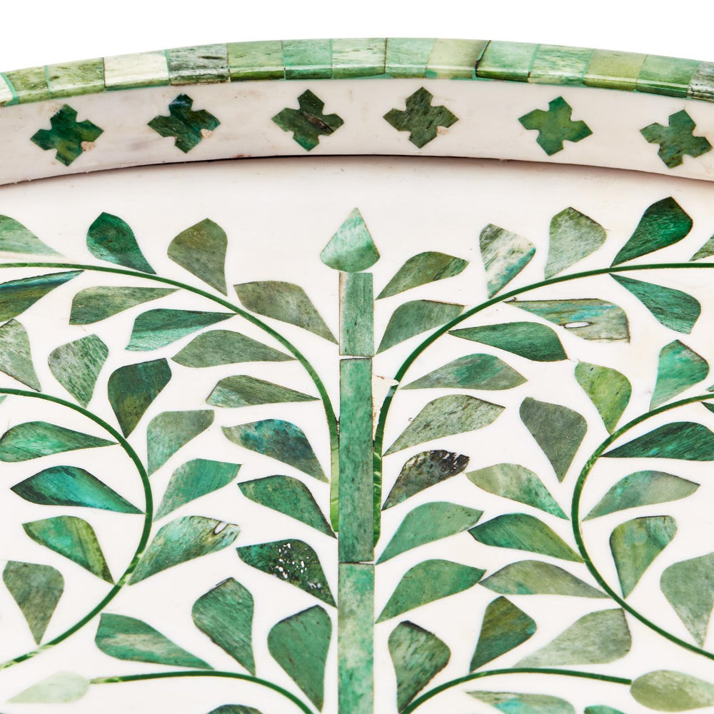 Two's Company Jaipur Palace Green/White Inlaid Decorative Round Serving Tray