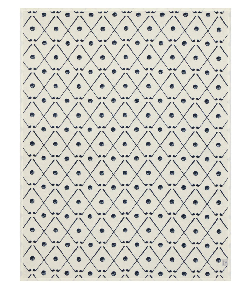 Patterned golf blanket with geometric design on a white background