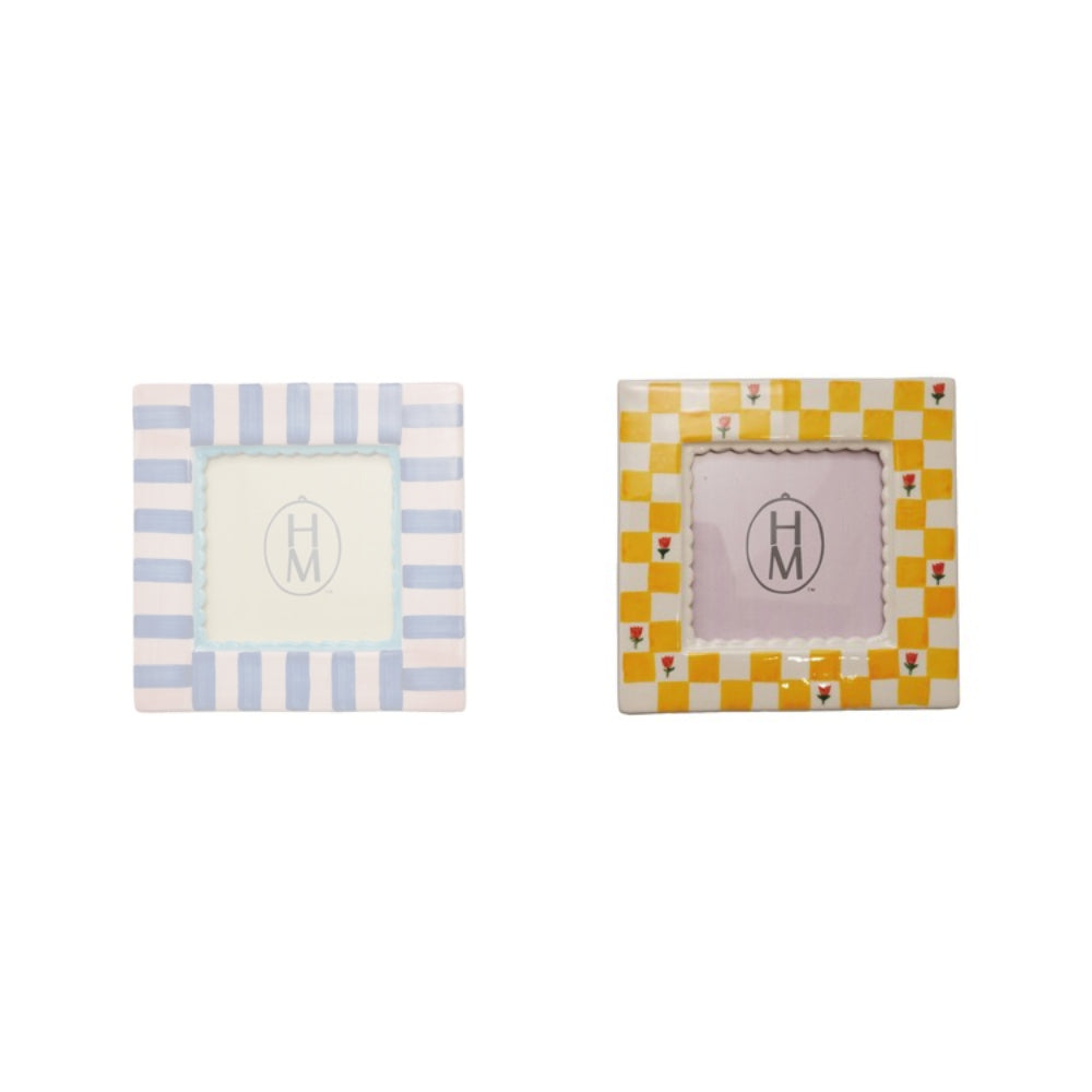 Yellow & White picture frame with a checkered pattern on a white background.
