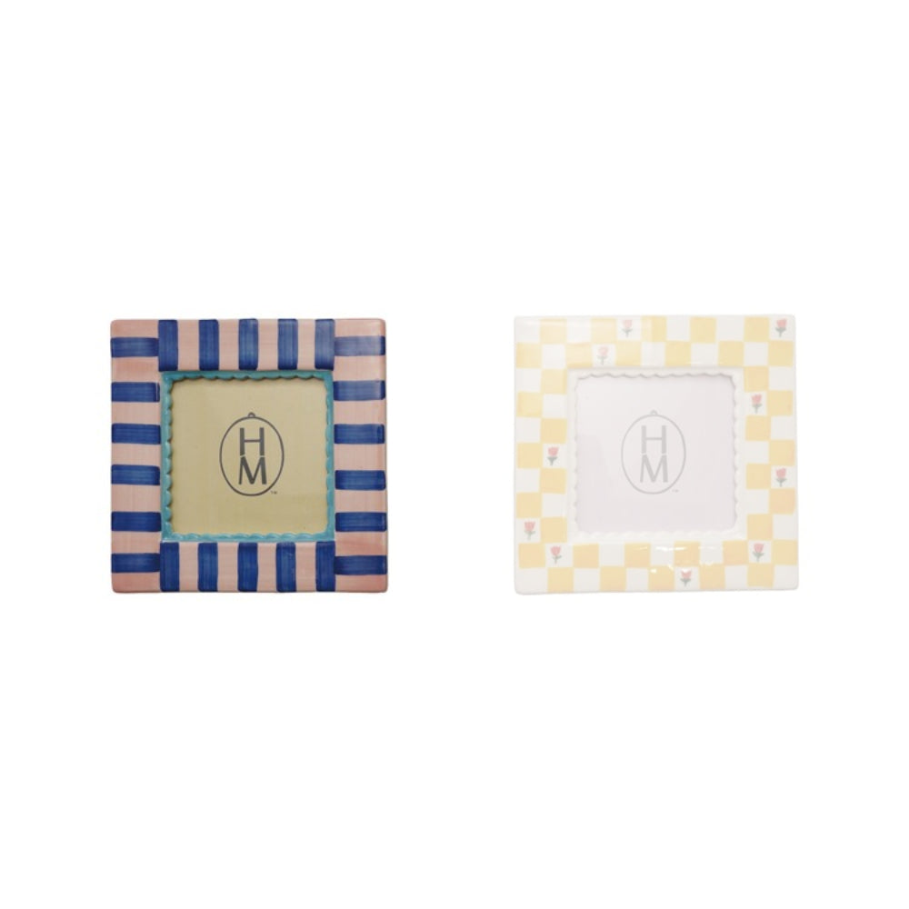 Blue & white picture frame with a  striped design on a white background.