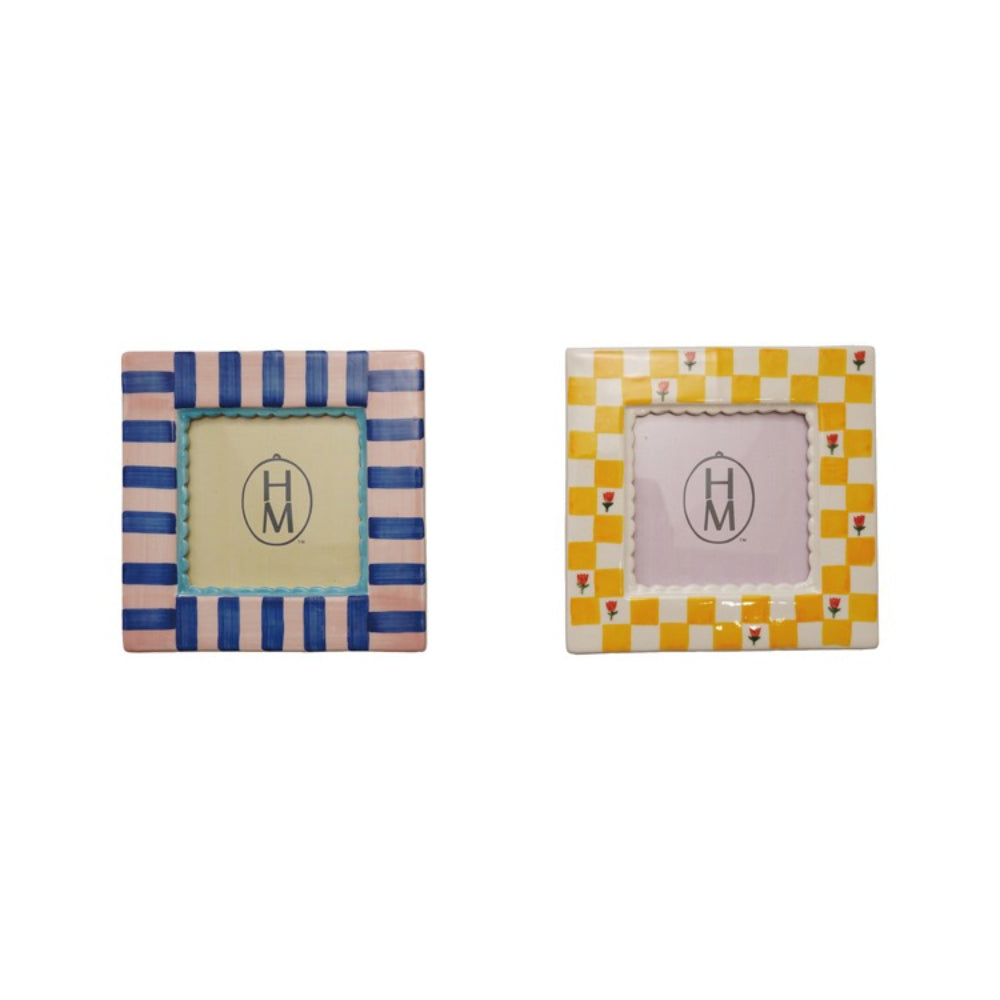 Two decorative picture frames with one with blue and white striped and one with yellow checkered designs on a white background.