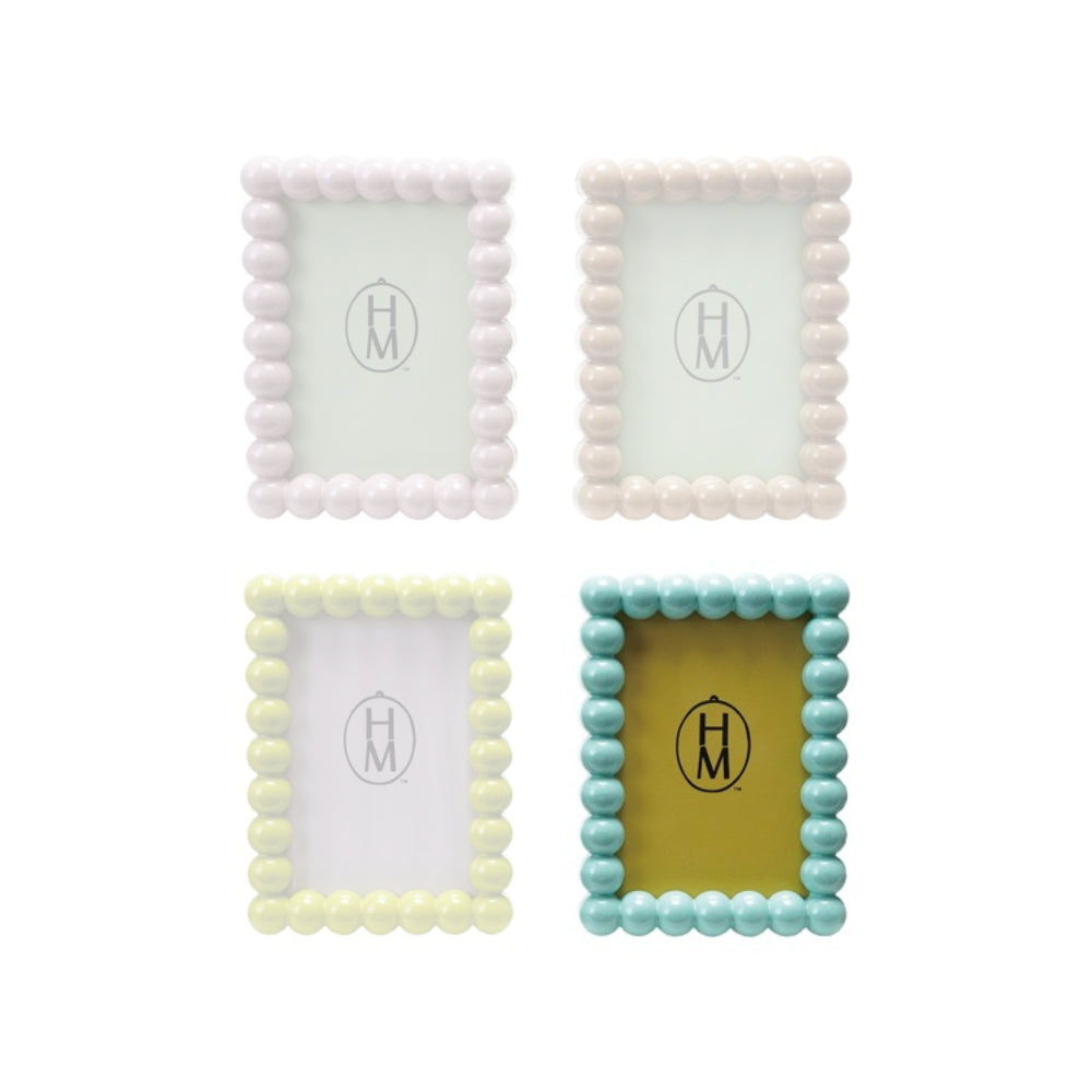 Blue hobnail beaded egde 4x6 picture frames with a brand logo on a white background.