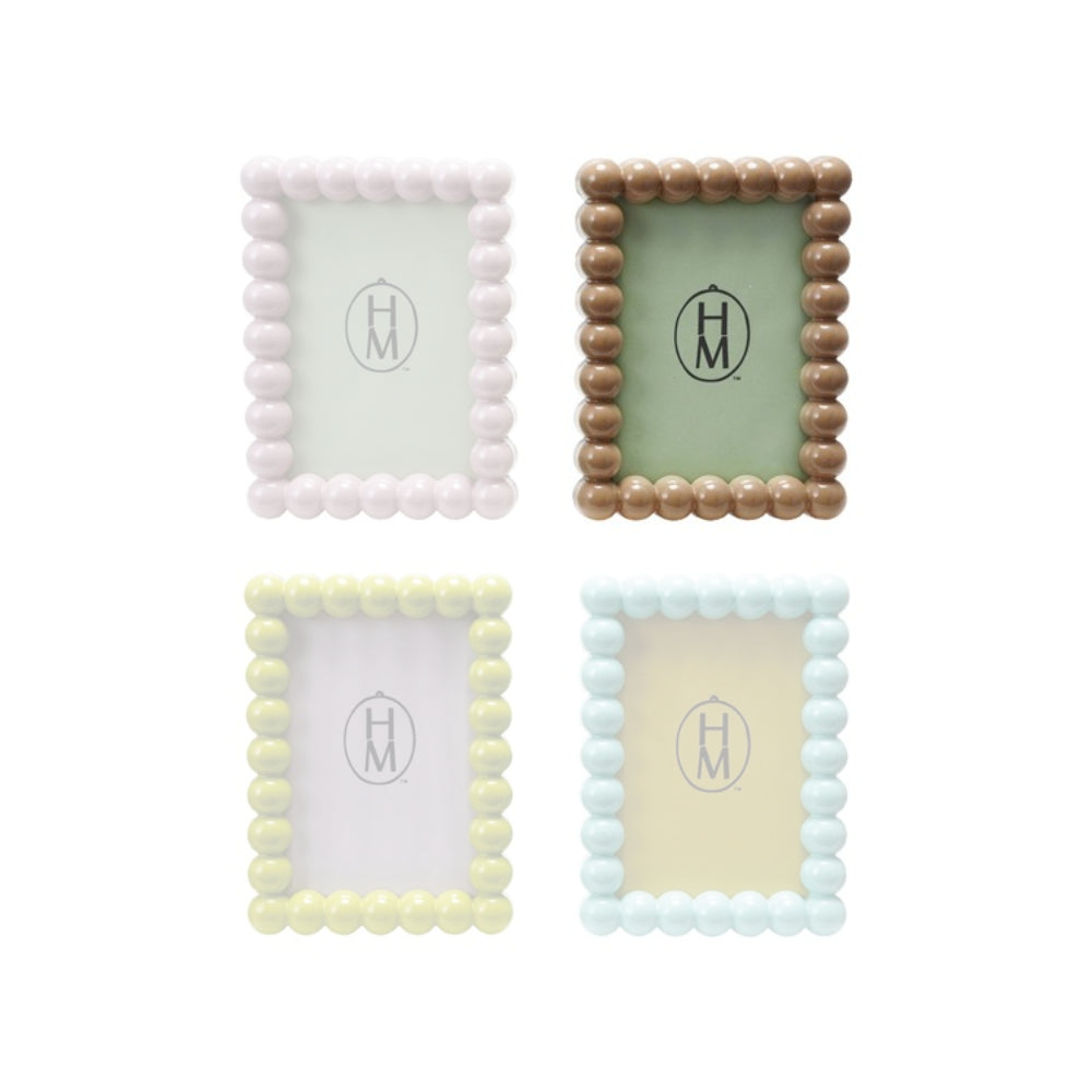 Tan hobnail beaded egde 4x6 picture frames with a brand logo on a white background.