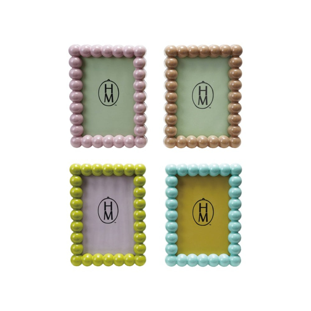 Four colorful hobnail beaded egde 4x6 picture frames with a brand logo on a white background.