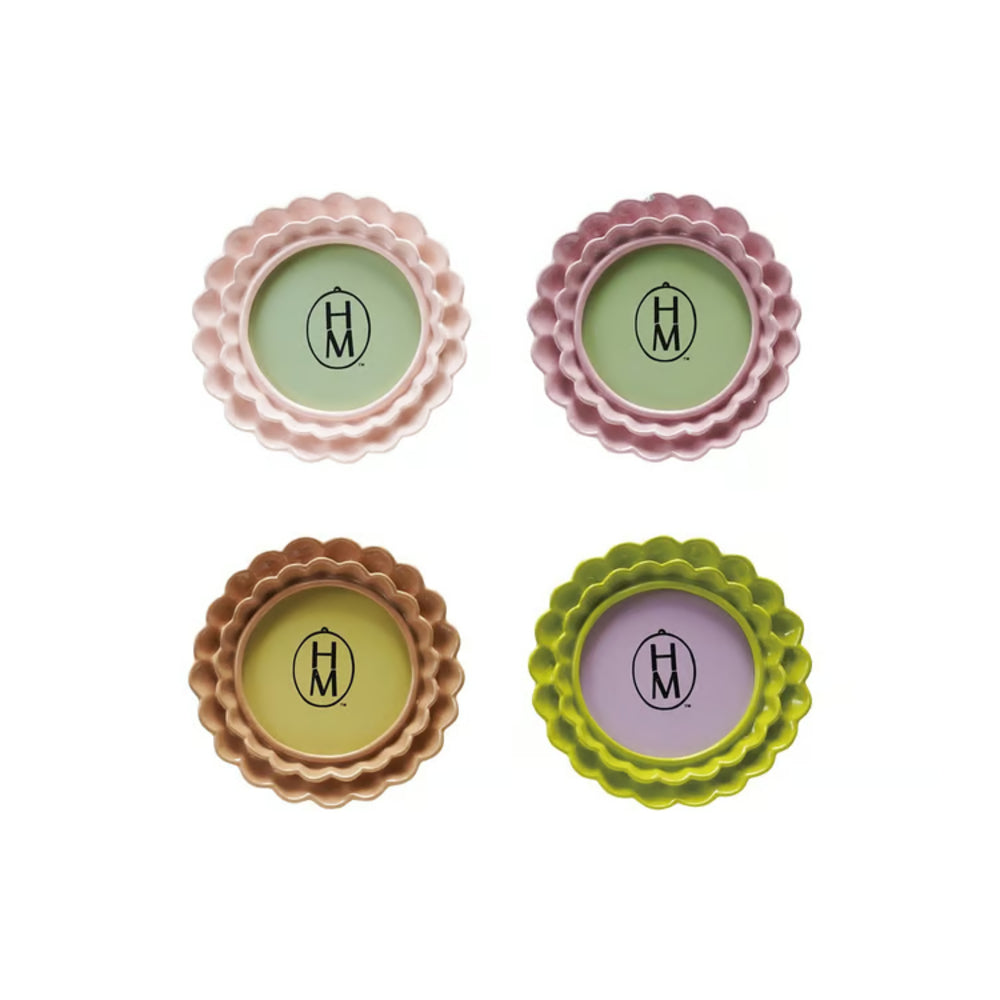 Four decorative round frames in pink, green, and brown with a central logo on a white background.