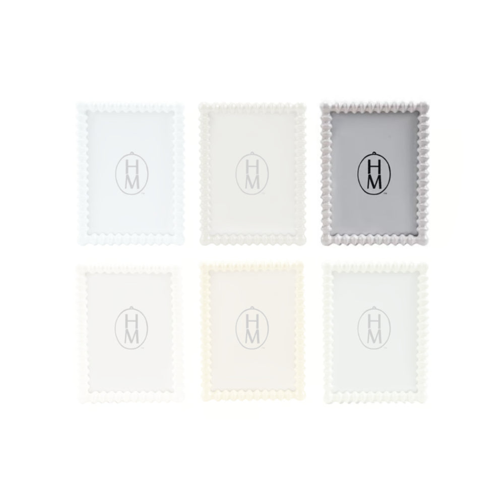 Grey square spindle picture frame with scalloped edges and a central logo on a white background. 