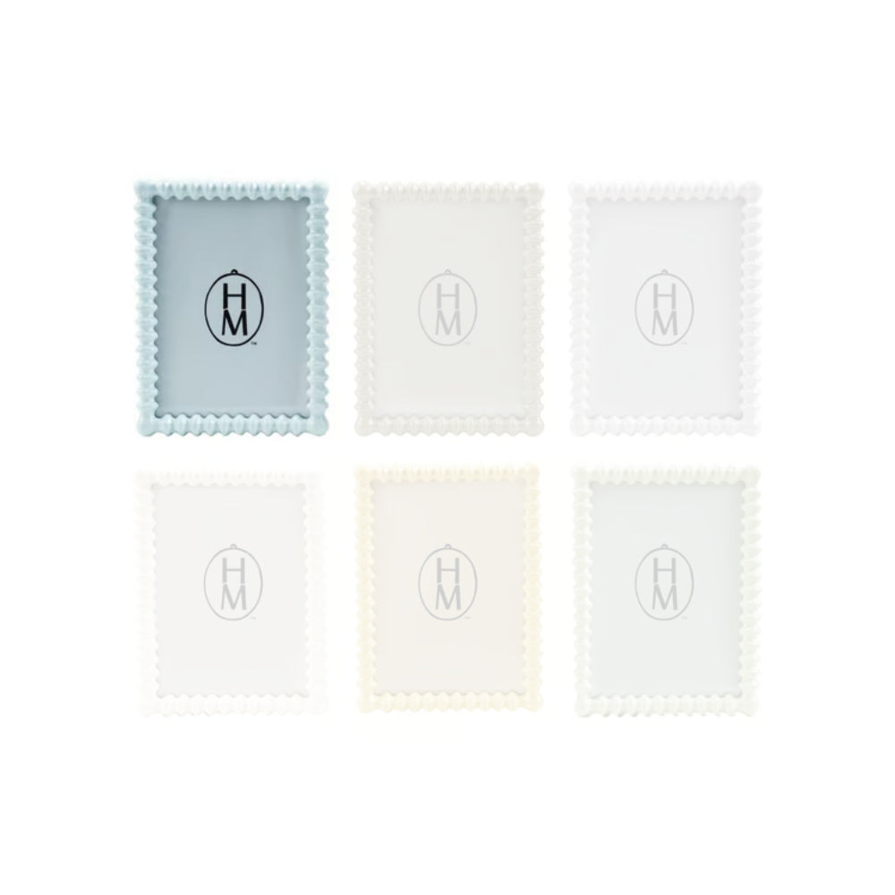 Light Blue square spindle picture frame with scalloped edges and a central logo on a white background. 