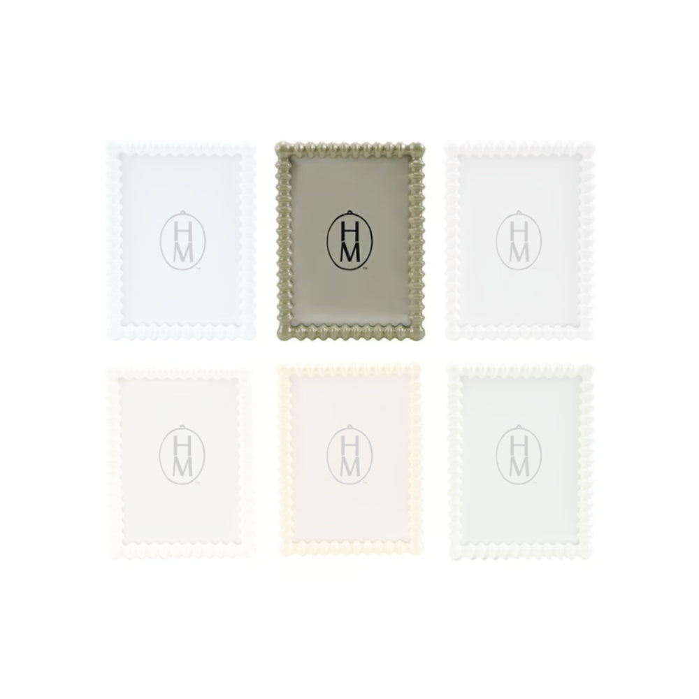 Sage Green square spindle picture frame with scalloped edges and a central logo on a white background. 