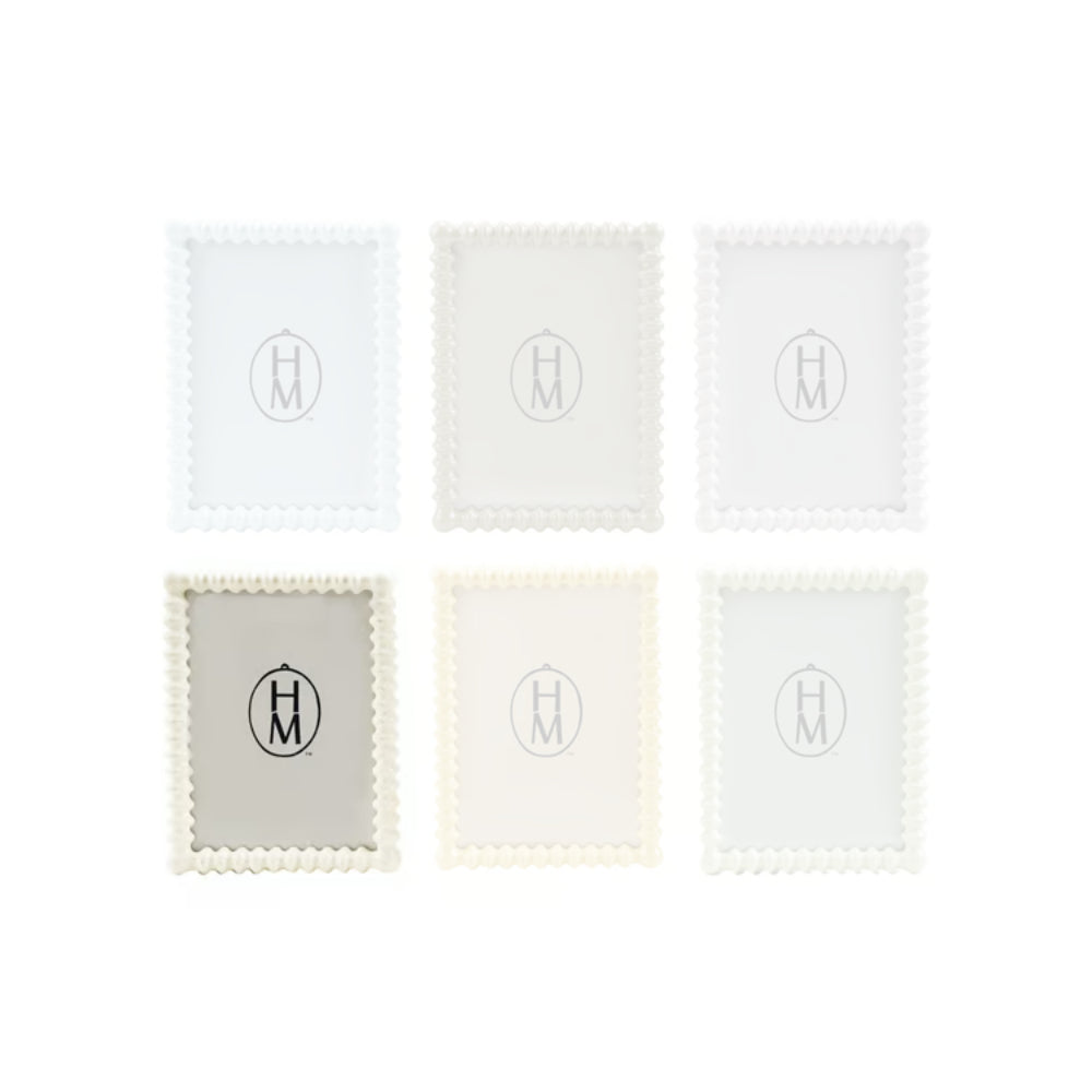 White square spindle picture frame with scalloped edges and a central logo on a white background. 