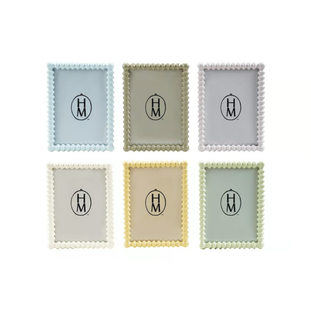 Six square spindle picture frames in six colors: Light Blue, Mint Green, Sage Green, Grey, White & Yellow with scalloped edges and a central logo on a white background. 