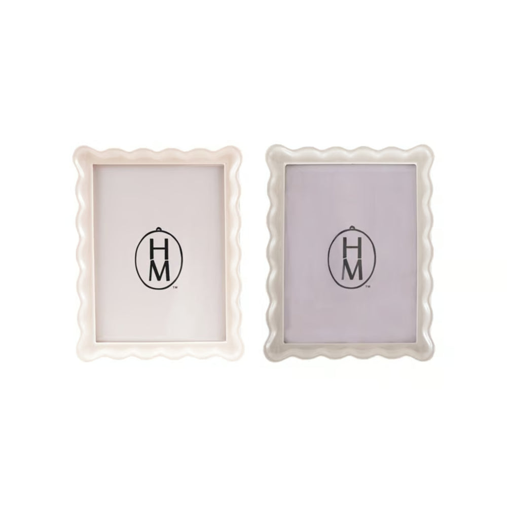 Two decorative picture frames with scalloped edges and 'HM' logo on a white background