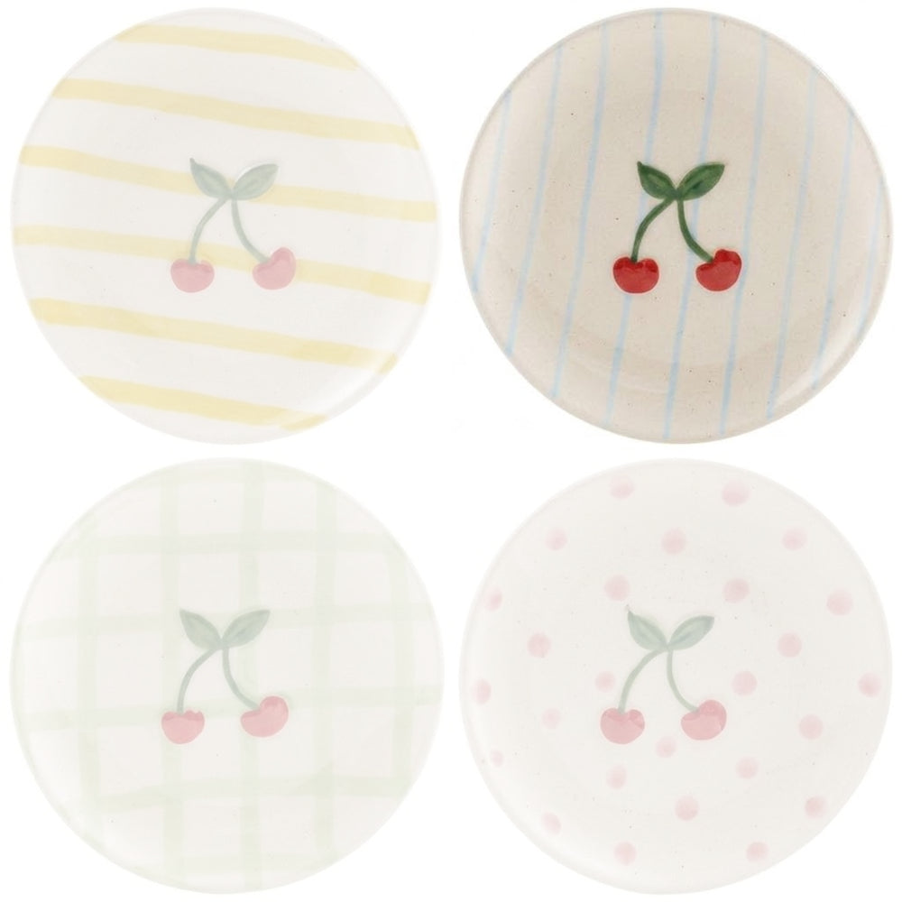 Ceramic plate with a cherry design on and blue stripes on a white background.
