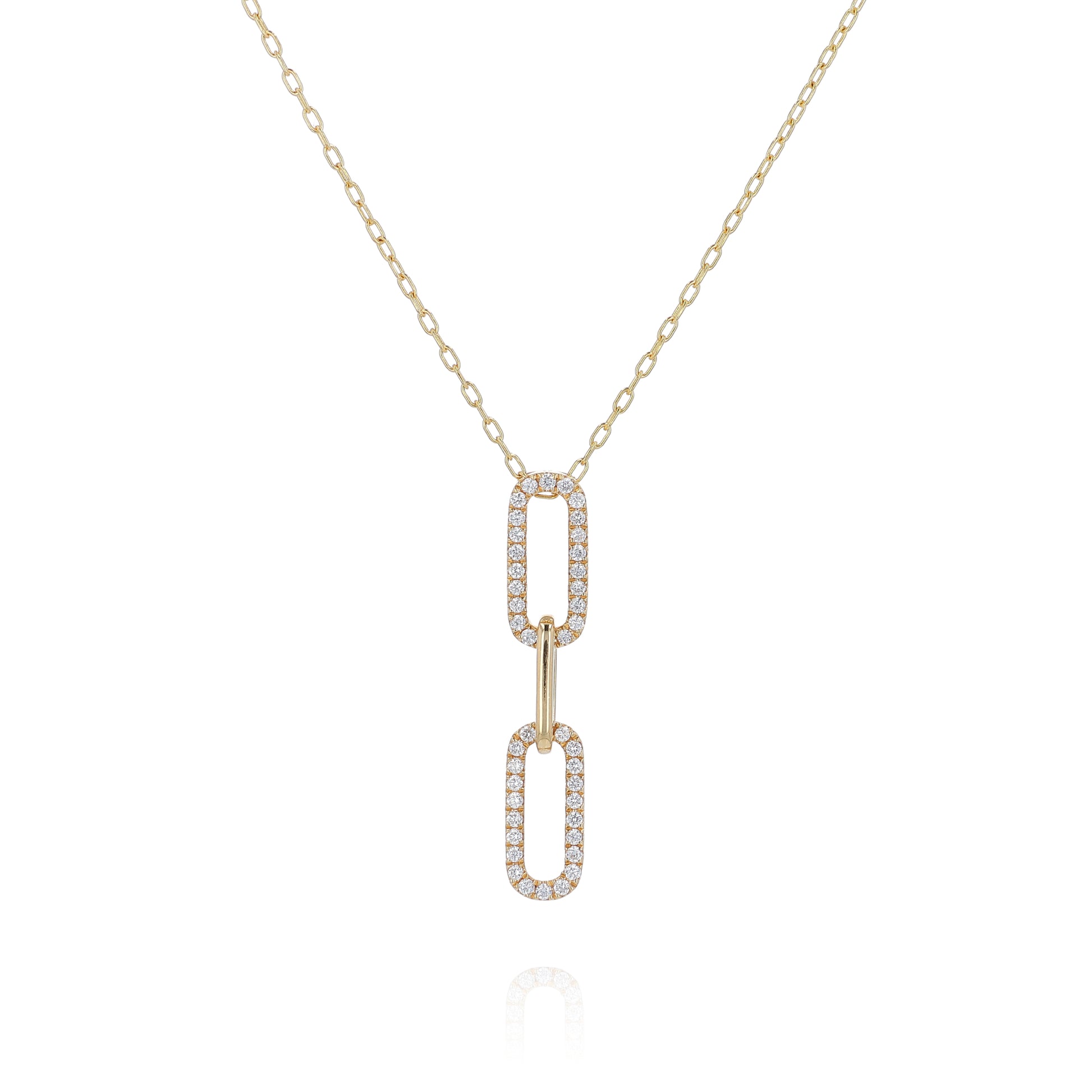 Yellow gold alternating polished and diamond pave link pendant necklace on a white background
