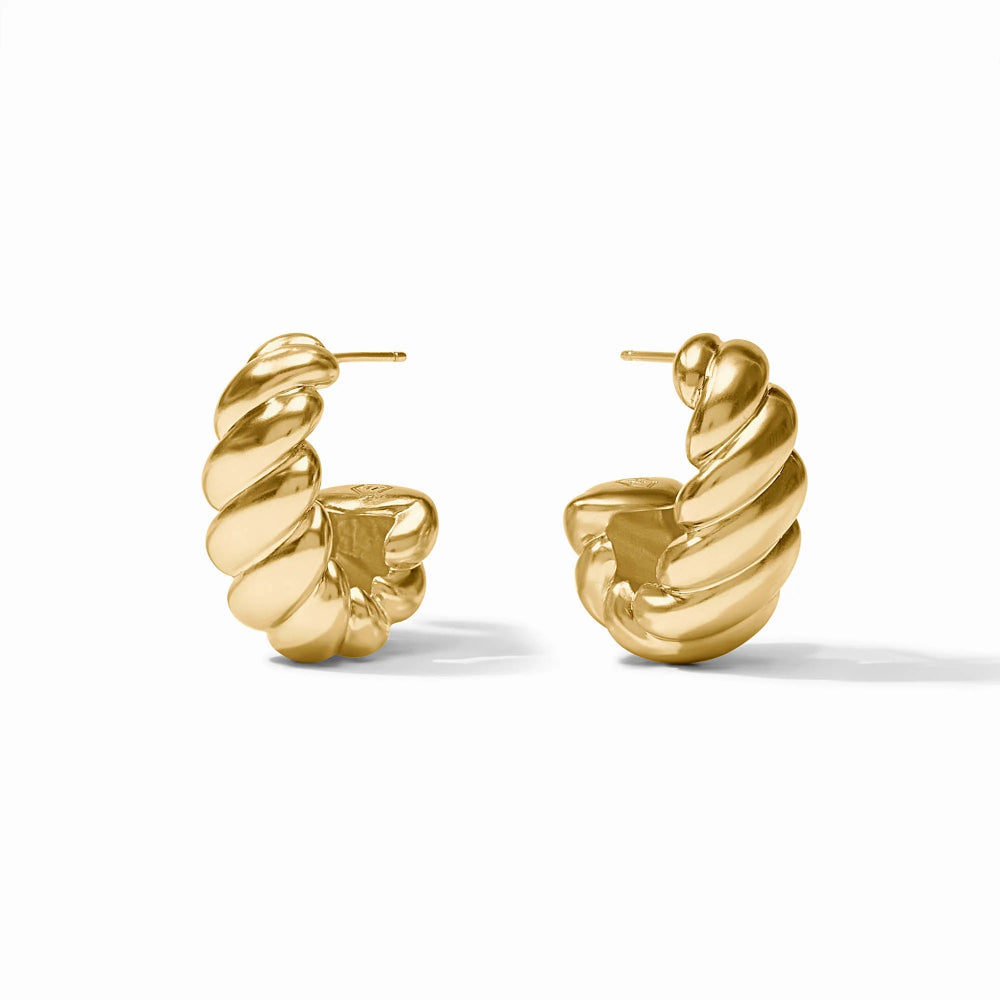 A pair of gold twisted hoop earrings with a polished, ribbed texture, displayed on a clean white background.