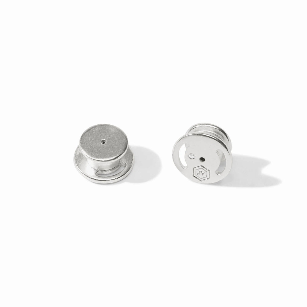 Two silver earrings on a white background