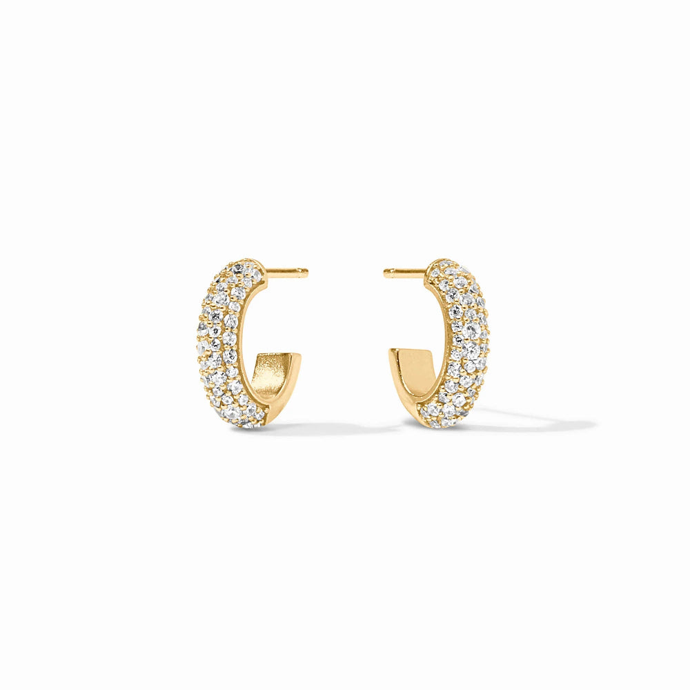 Gold hoop earrings with embedded stones on a white background