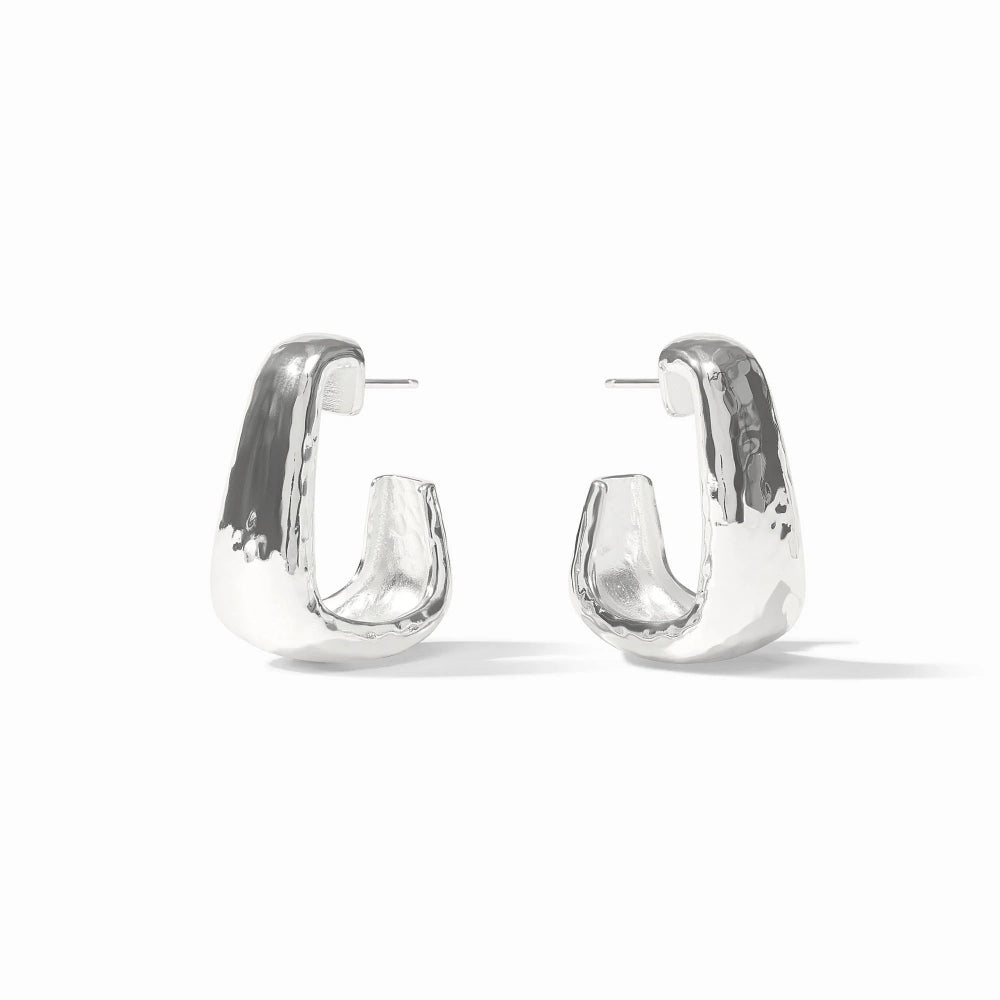 Pair of silver hoop earrings on a white background
