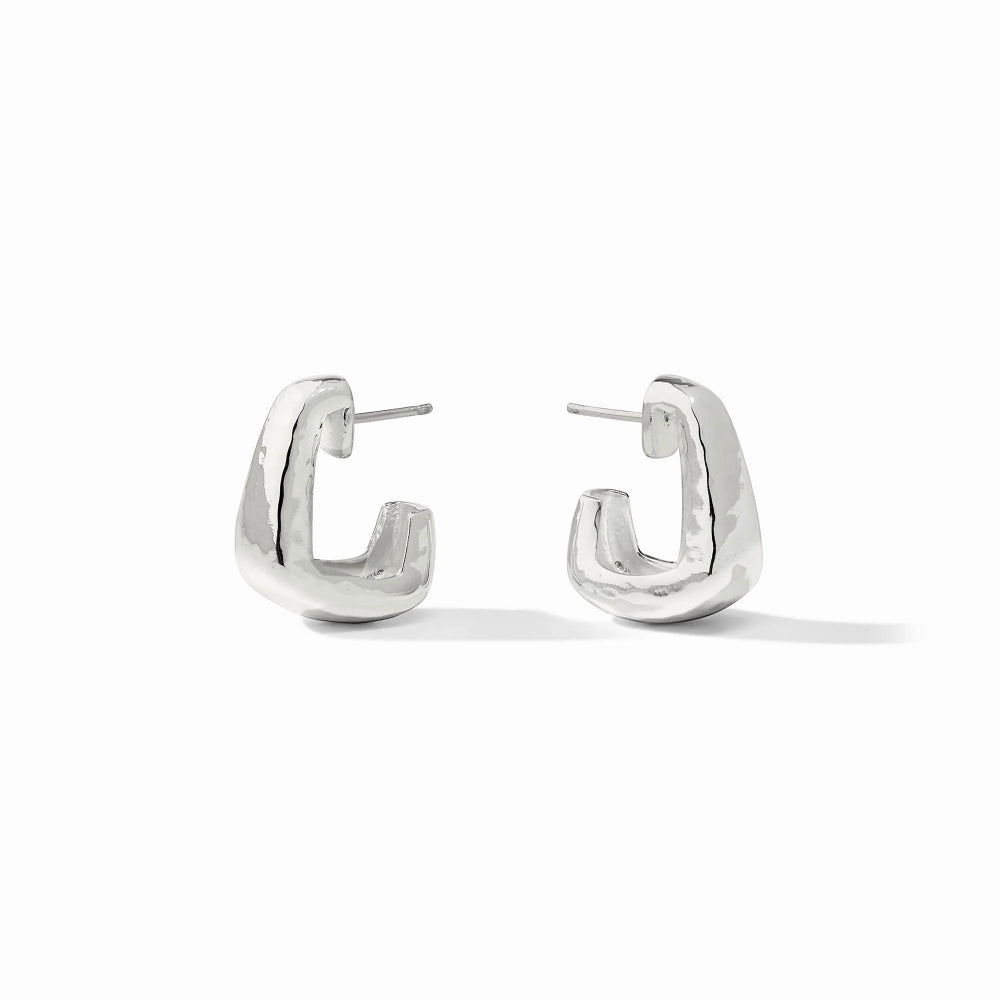 Pair of silver hoop earrings on a white background