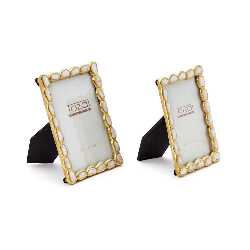 Two gold and pearl photo 4x6 & 5x7 frames with 'Jozai' branding on a white background.