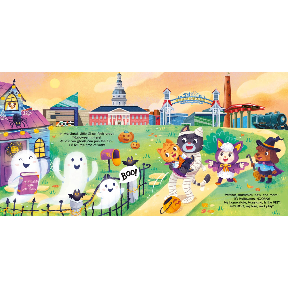 A colorful illustrated Halloween scene with cartoon ghosts, a cat in a costume, a sheep in a witch outfit, a bear dressed as a cowboy, and a raccoon in a space suit, set in front of a town skyline with a bridge and train. The scene includes playful text bubbles and a bright pastel background.