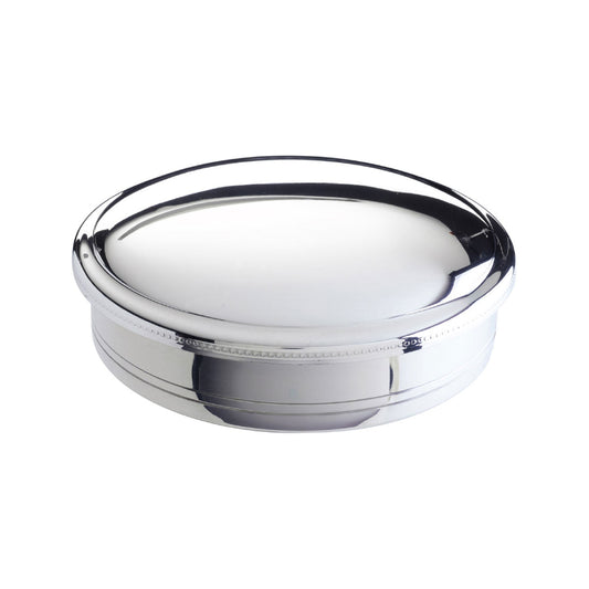 Lidded silver round box on a white background