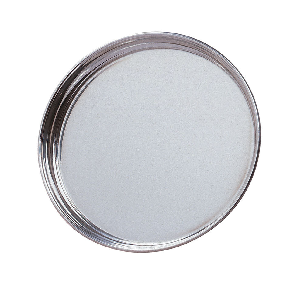 10" round silver pewter tray with rim on a white background.