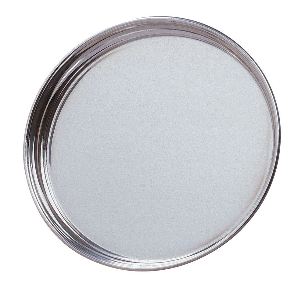 12" round silver pewter tray with rim on a white background.
