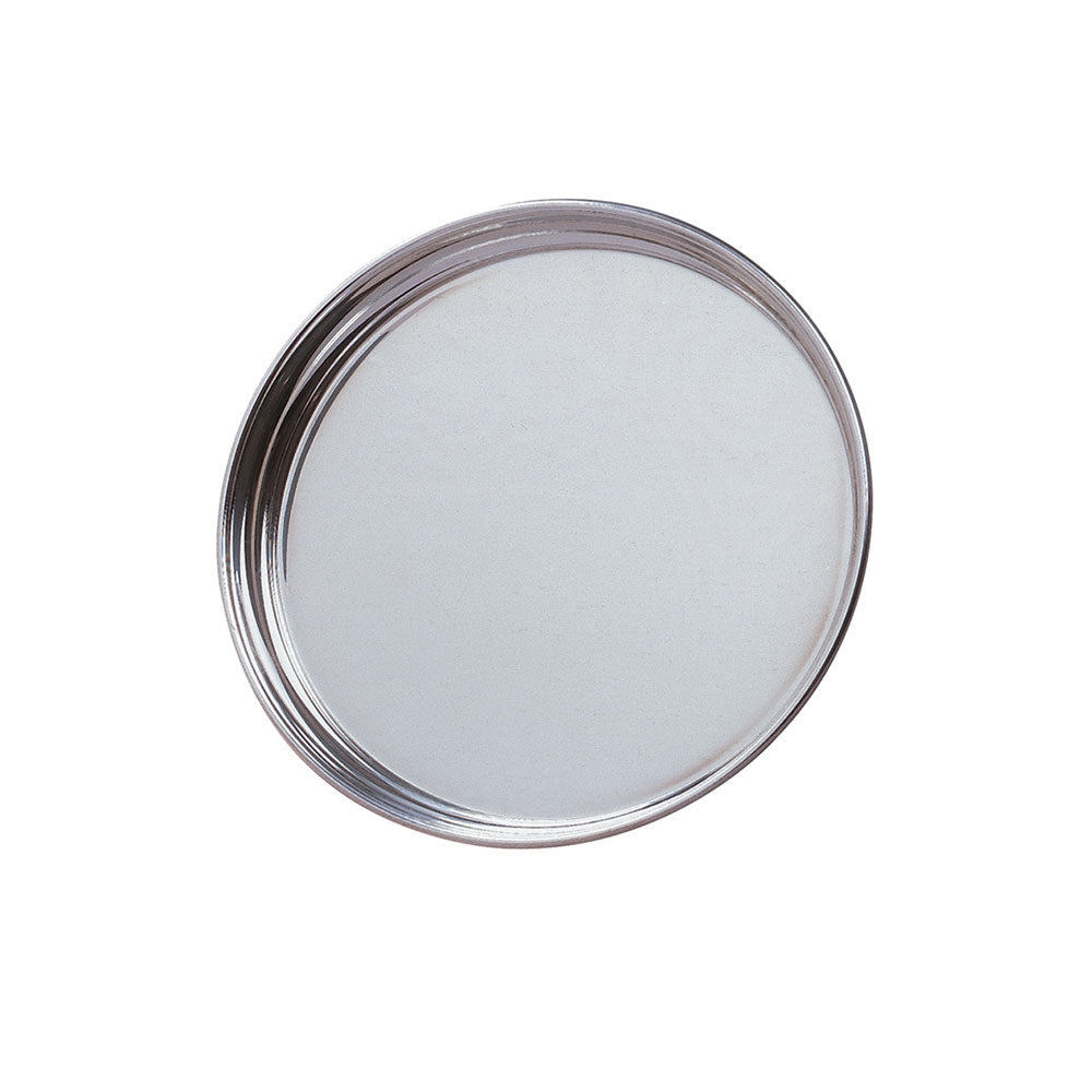 8" round silver pewter tray with rim on a white background.