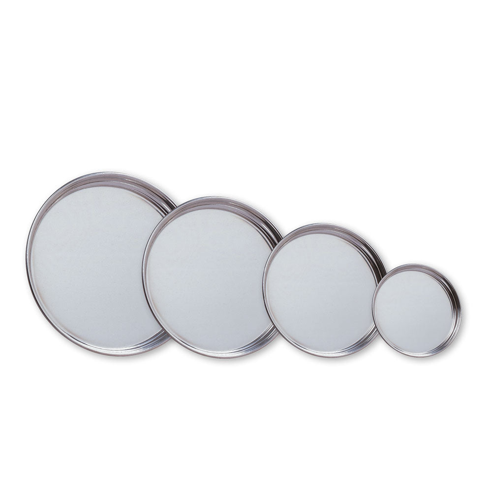 Four round silver pewter  trays  in four sizes: 10", 12", 6" 8" with rims on a white background.