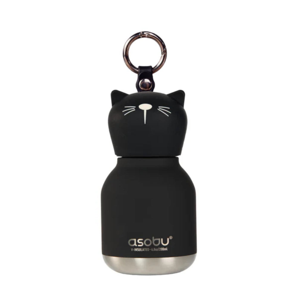 Black cat-shaped insulated bottle with 'asobu' branding on a white background