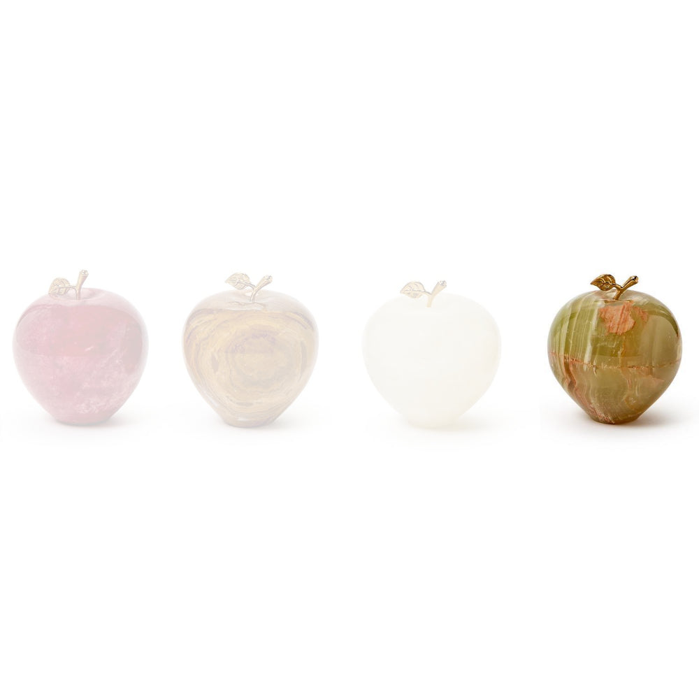 Green Onyx polished stone apple paperweight in with a small gold leaf and stem on a white background.