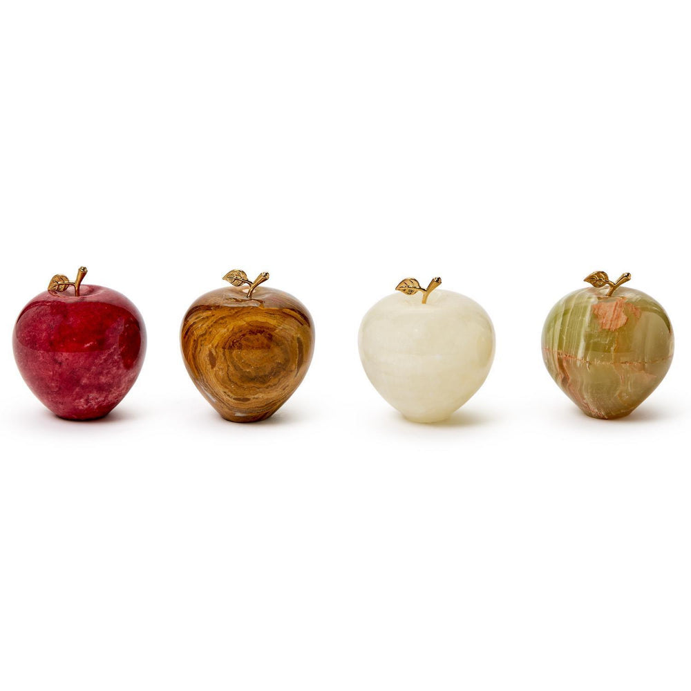 Four polished stone apple sculptures in red, brown, cream, and green marbled patterns, each with a small gold leaf and stem, arranged in a row on a white background.
