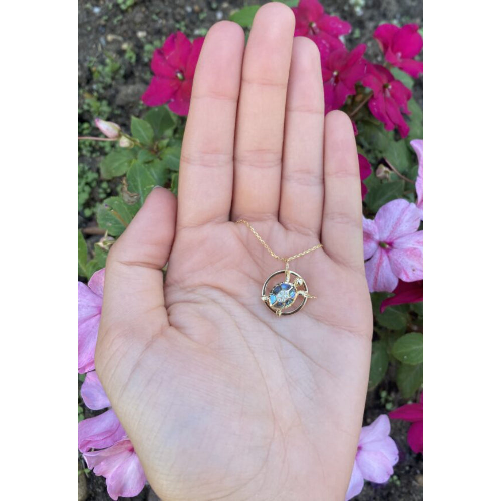 14k Gold Swimming Turtle Abalone Pendant Necklace