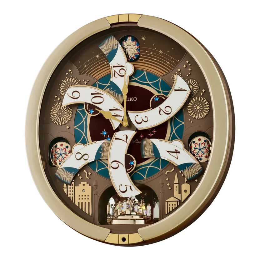 A round, multi-layered decorative wall clock by RICO featuring a gold-toned frame and intricate clockwork details with white clock hands shaped like scrolls and a dark brown background.