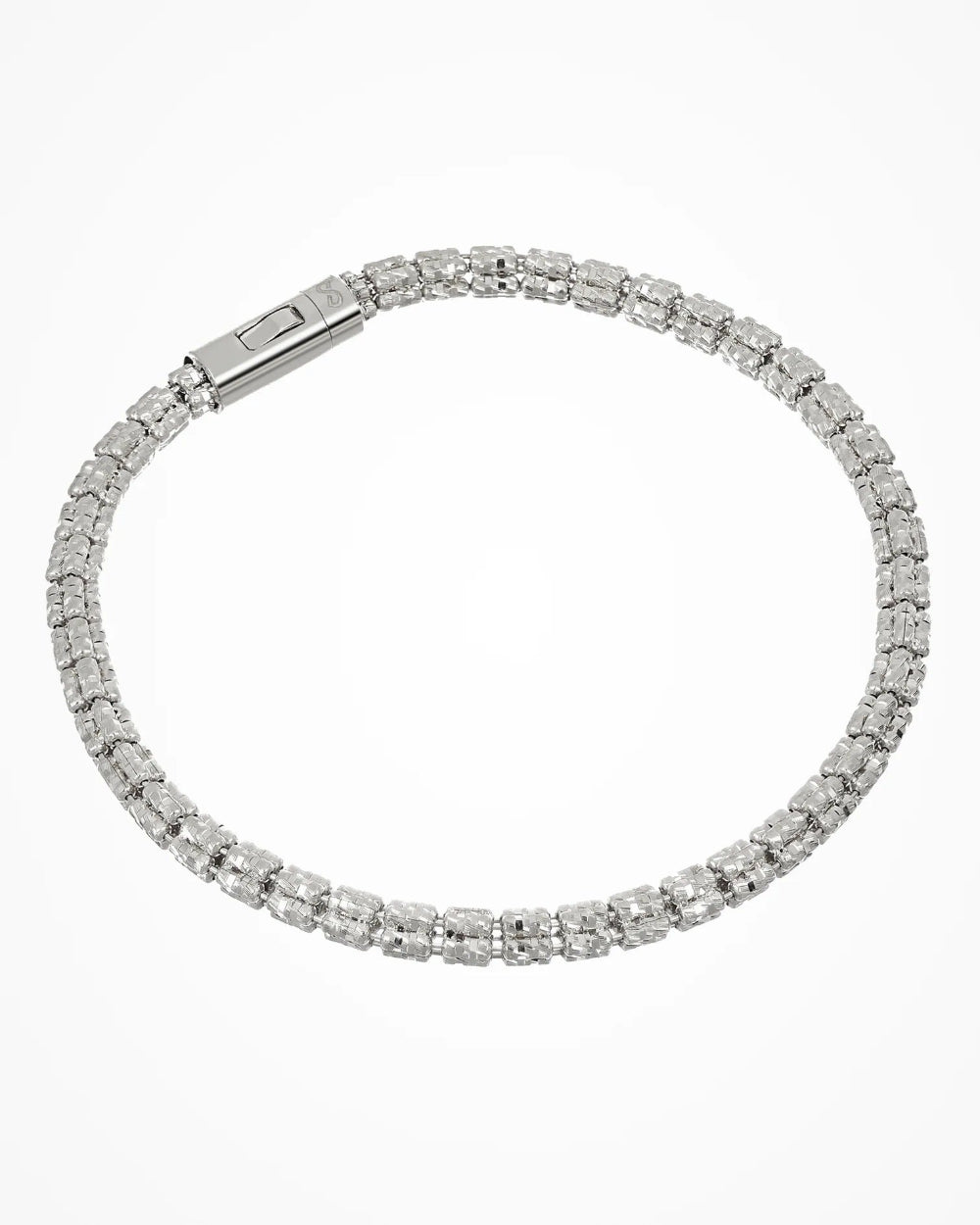 A silver tennis bracelet with a continuous row of clear rectangular-cut cylinders  and a sliding clasp, 