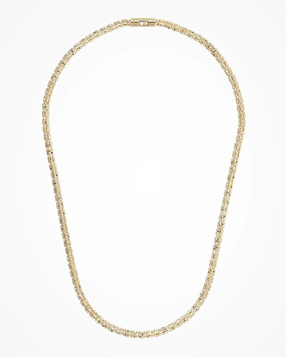 A gold tennis-style beaded necklace with a small slide clasp, 
