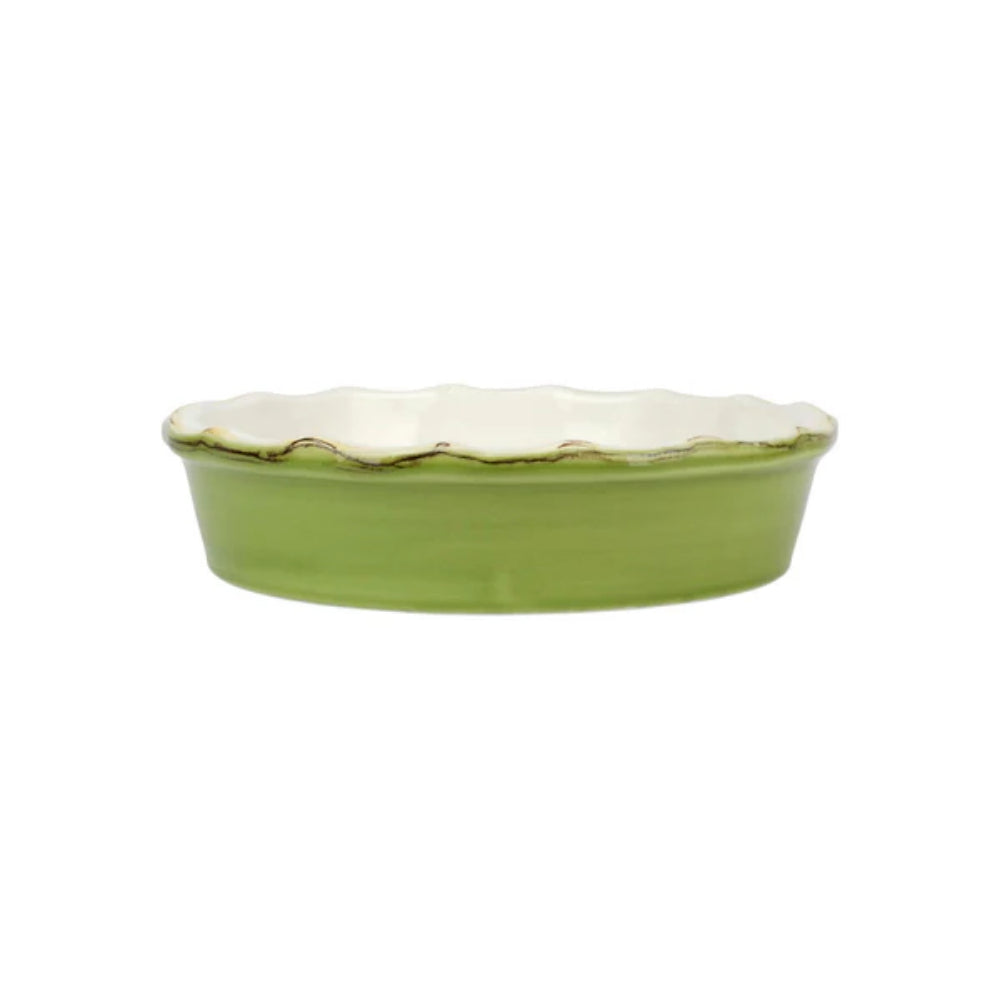 Green Italian Baker Pie Dish on white background. 