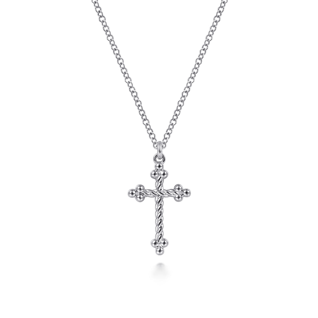 silver twist cross pendant necklace on white background