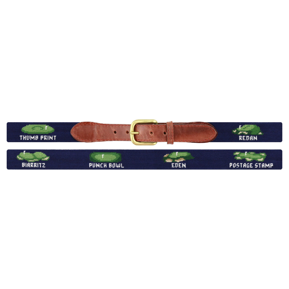 Dark Blue needlepoint belt featuring iconic golf green shapes with leather ends and a brass buckle