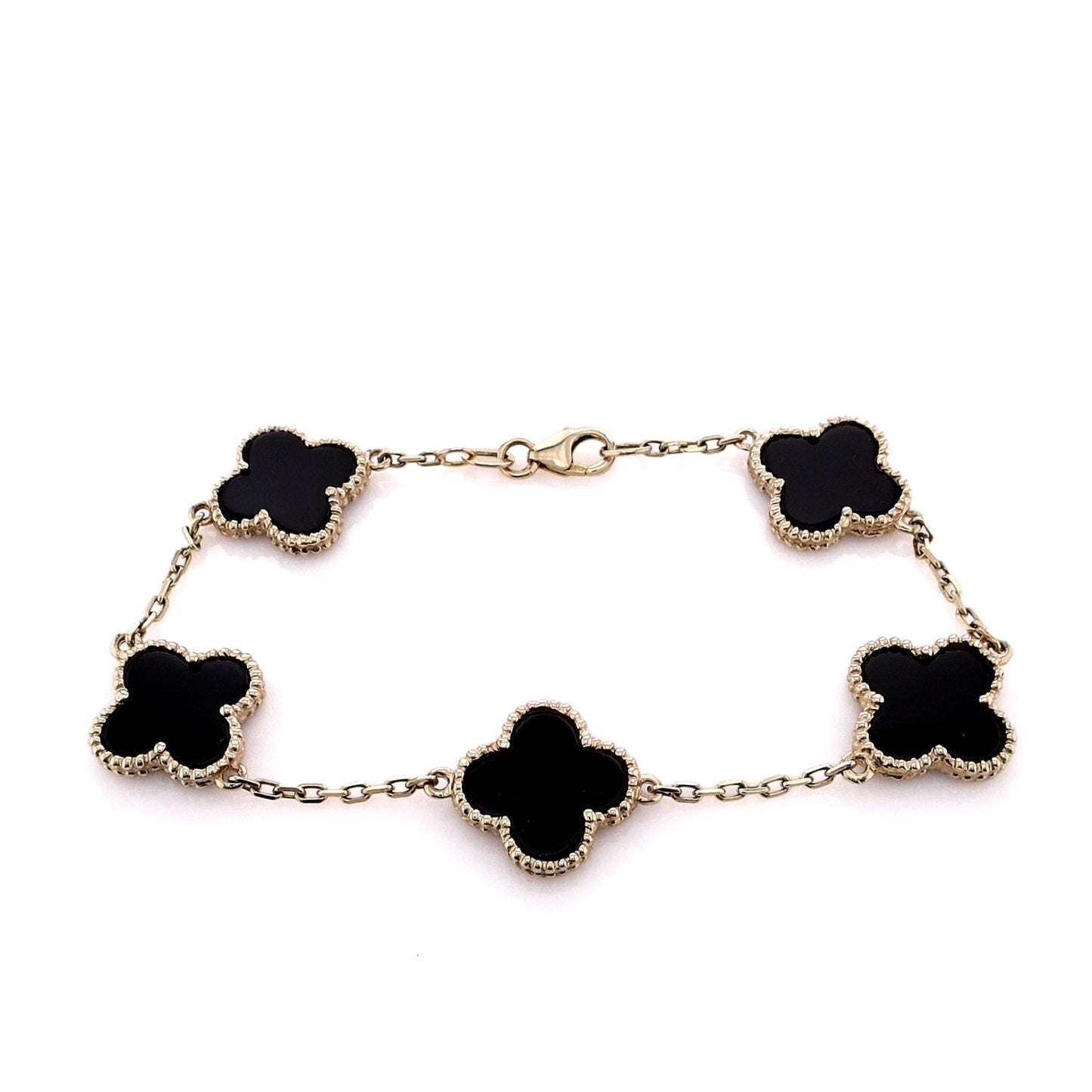 14k Yellow Gold 7.5" Black Onyx Clover Design Station Bracelet